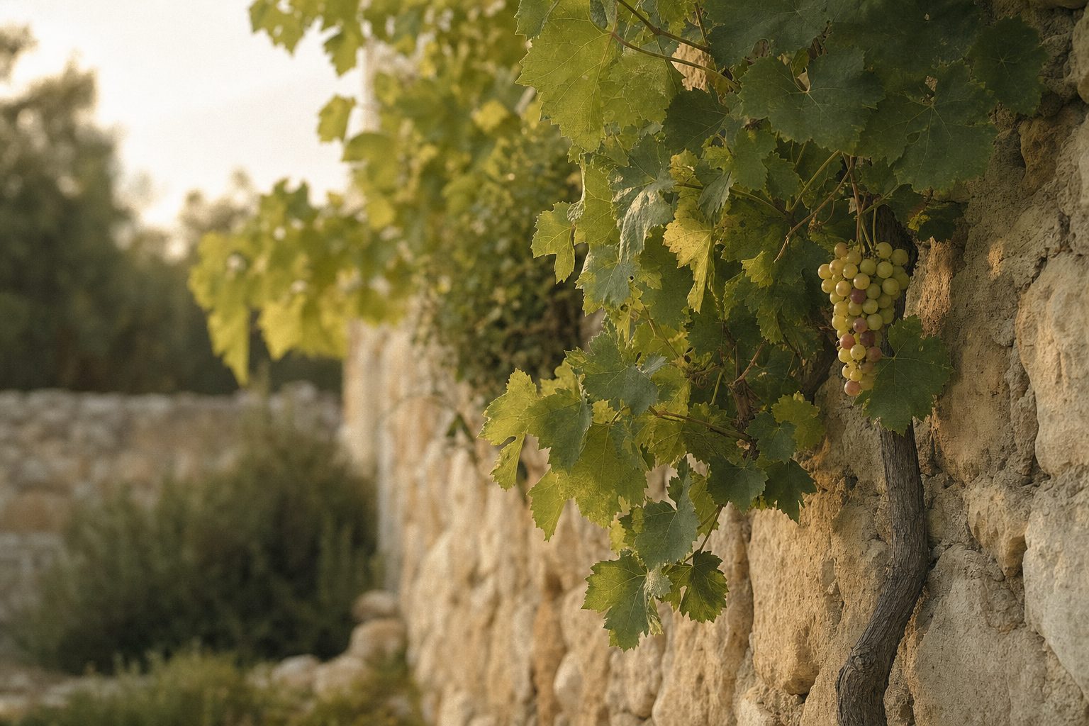 A vine with fruit on a stone wall